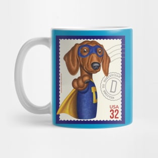 Superhero Doxie in cute blue suit with yellow accessories Mug